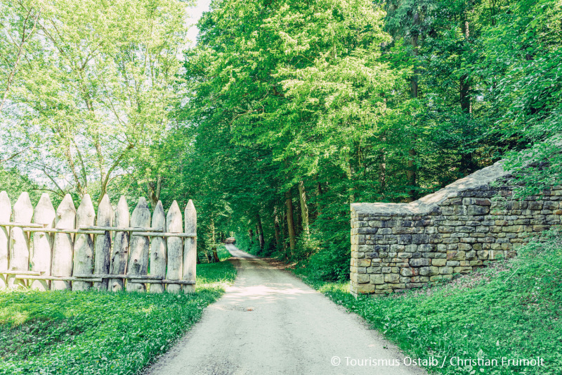 Wand mit Holzpalisaden, Steinmauer, dazwischen ein Waldweg