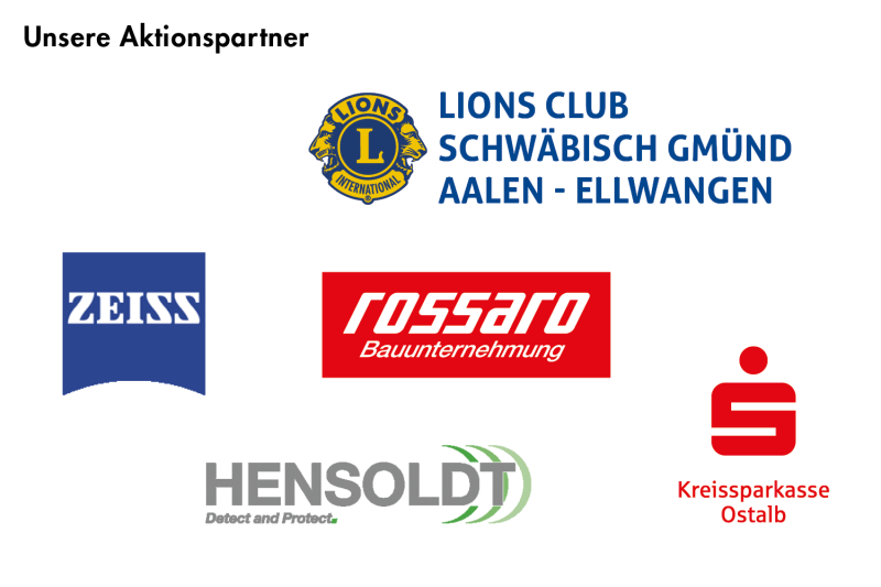 Screenshot einer Seite mit dem Titel 'Unsere Aktionspartner'. Darunter sind mehrere Logos nebeneinander bzw. verteilt zu sehen: Lions Club Schwäbisch Gmünd Aalen - Ellwangen, Zeiss, rossaro Bauunternehmung, Hensoldt, Kreissparkasse Ostalb