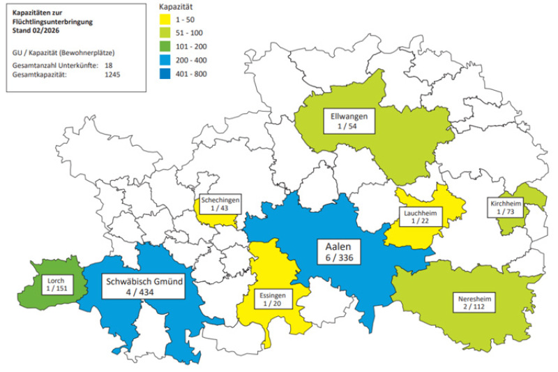 Kapazitäten zur Flüchtlingsunterbringung im Ostalbkreis: Gesamtanzahl Unterkünfte 18, Gesamtkapazität 1245 (davon Aalen 6 Unterkunft/336 Flüchtlinge, Essingen 1 Unterkunft/20 Flüchtlinge, Kirchheim 1 Unterkünfte/73 Flüchtlinge, Lauchheim 1 Unterkunft/22 Flüchtlinge, Lorch 1 Unterkunft/151 Flüchtlinge, Neresheim 2 Unterkünfte/112 Flüchtlinge, Schechingen 1 Unterkunft/43 Flüchtlinge, Schwäbisch Gmünd 4 Unterkünfte/434 Flüchtlinge)