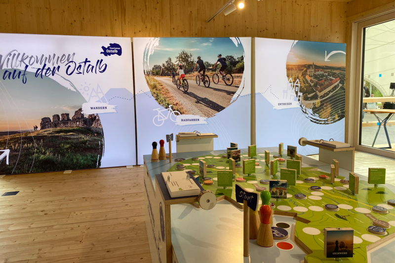 Innenaufnahme einer Ausstellung. Vier große, künstlerisch gestaltete Posterwände zeigen Bilder und Texte zur Tourismus-Region Ostalb.