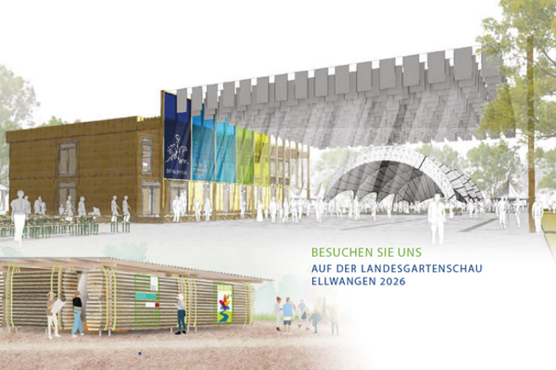Stilisierte Darstellung des Holzpavillon auf der Landesgartenschau Ellwangen 2026