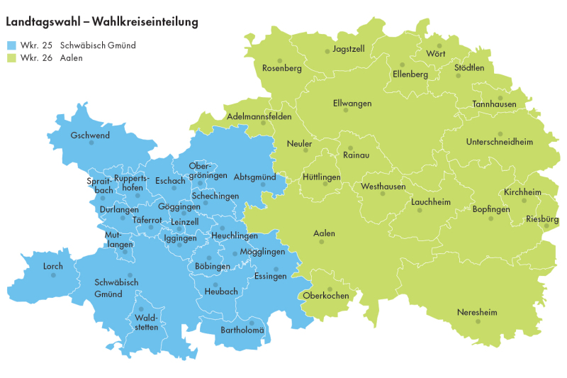 Karte zur Wahlkreiseinteilung der Landtagswahl mit den Wahlkreisen Schwäbisch Gmünd und Aalen