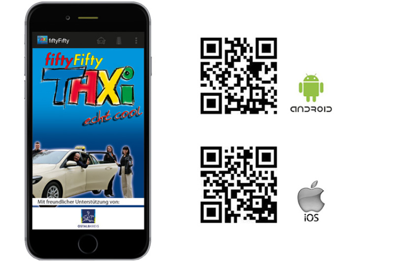 Bild fiftyFifty-Taxi-App mit den QR-Codes Android-App und iOS-App