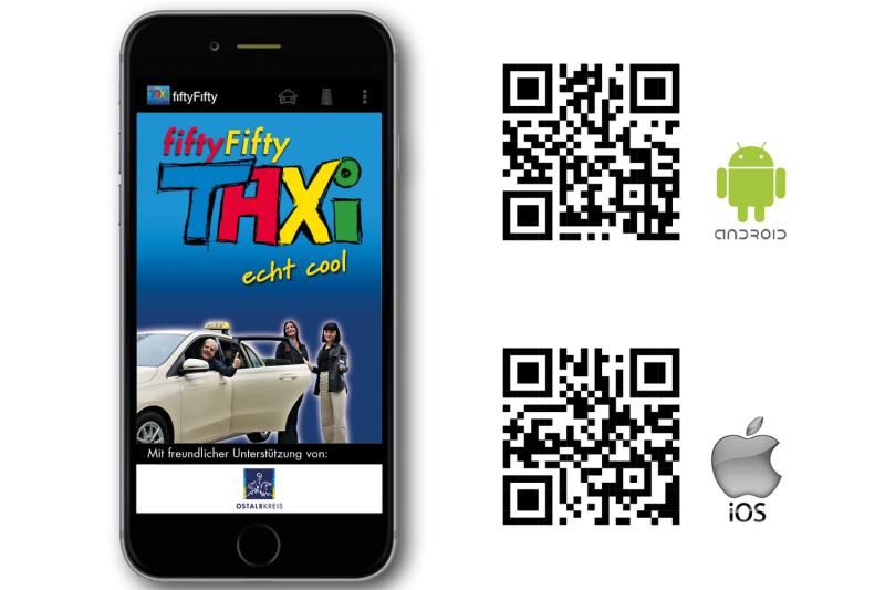fiftyFifty-Taxi-App mit den QR-Codes Android-App und iOS-App